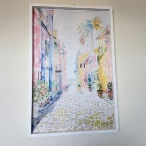 Pastel art print cobblestone street in Mexico beach town summer dream vacation h